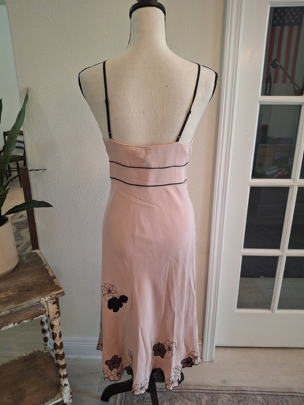 Vintage Y2K Express Pink Silk Slip Midi Dress with Black Floral Accents - Picture 5 of 6